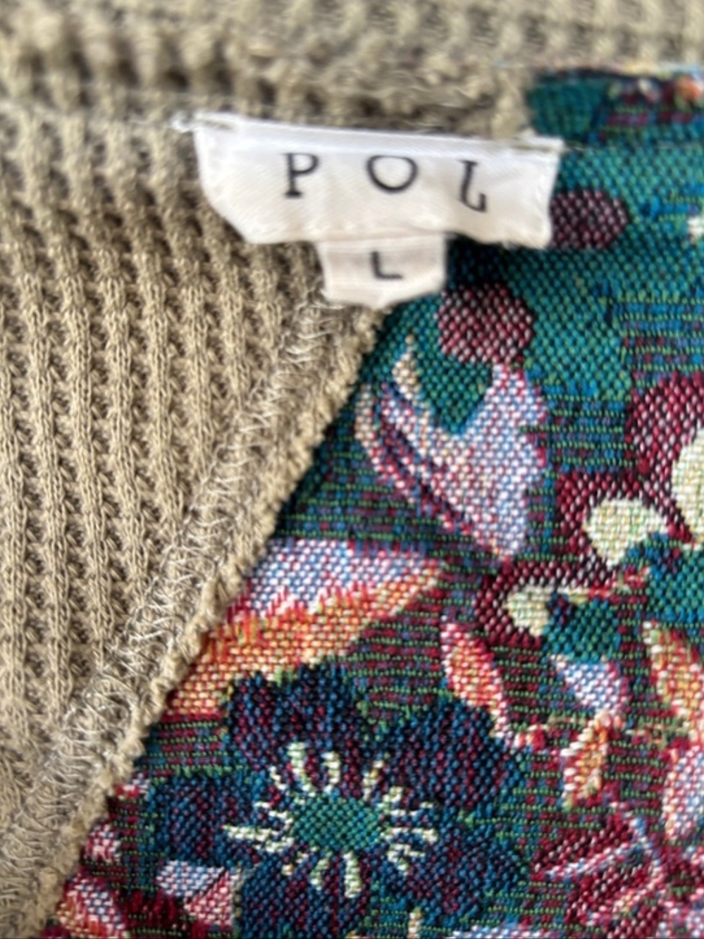 POL Boho Patchwork Floral & Knit V-Neck Sweatshirt - Beige Multicolor - Picture 2 of 3